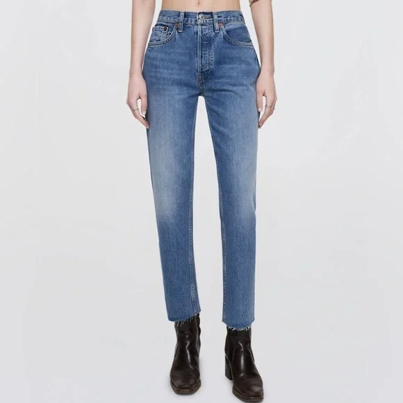 Redone/ Originals High Rise Stovepipe Jeans Blue Size 29 Frayed Hem - Picture 1 of 8